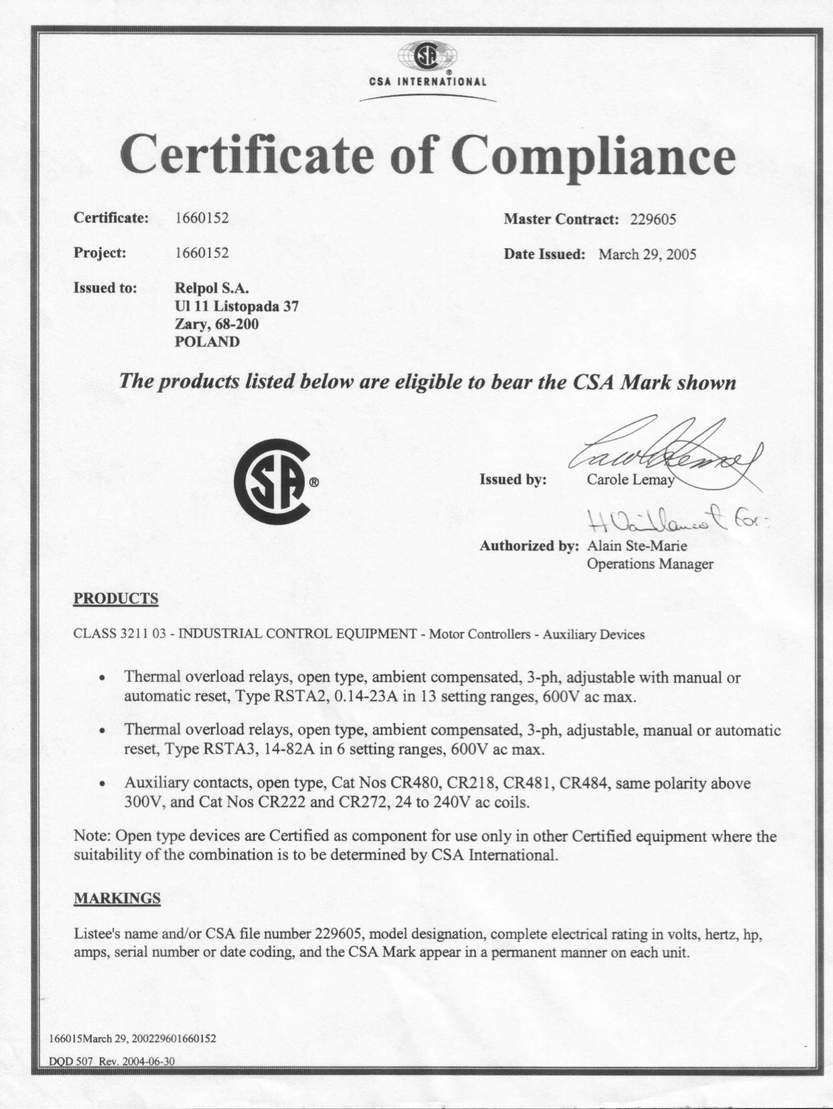 Certificates CSA / Certificates - RELPOL S.A.